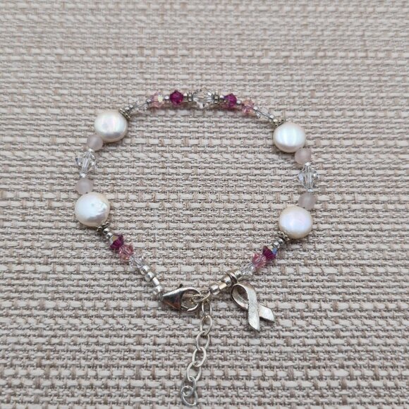 7+1 Inch Sterling Silver Pearl Breast Cancer Charm Bracelet B614 - Picture 1 of 6